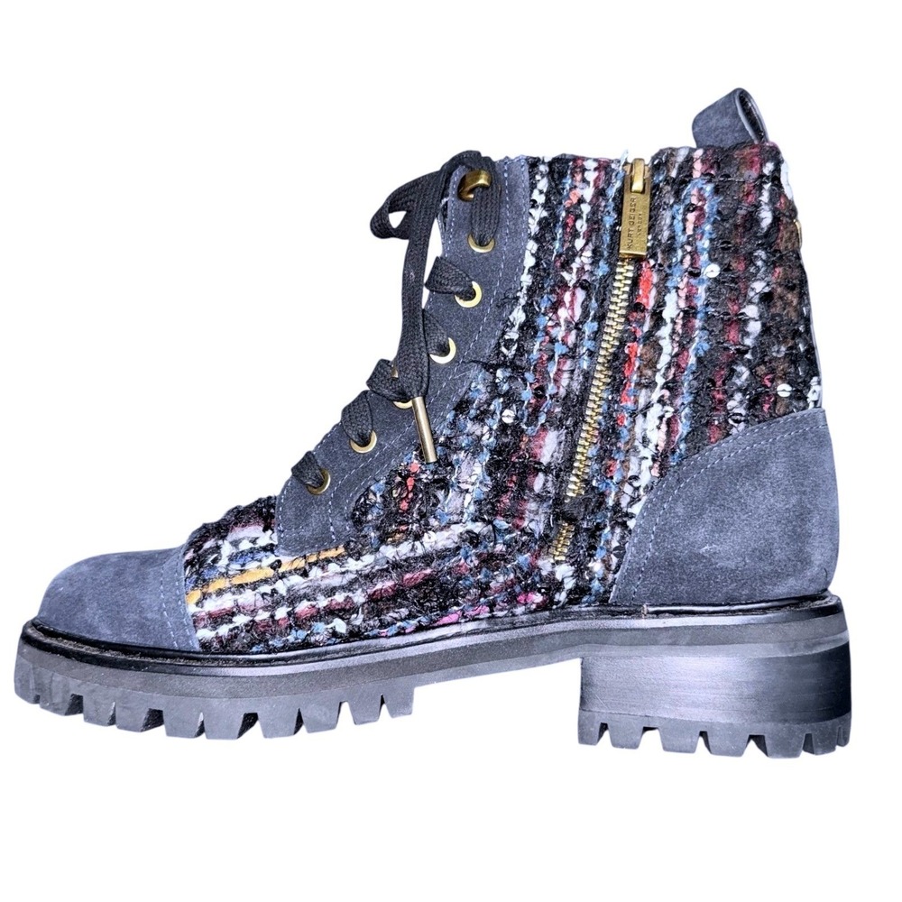 Kurt Geiger‎ Womens 38 Kensington Tweed Suede Combat Ankle Boots Blue Multi 7.5